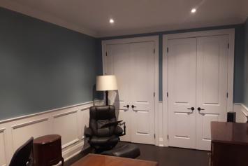 Blue painted walls, office space